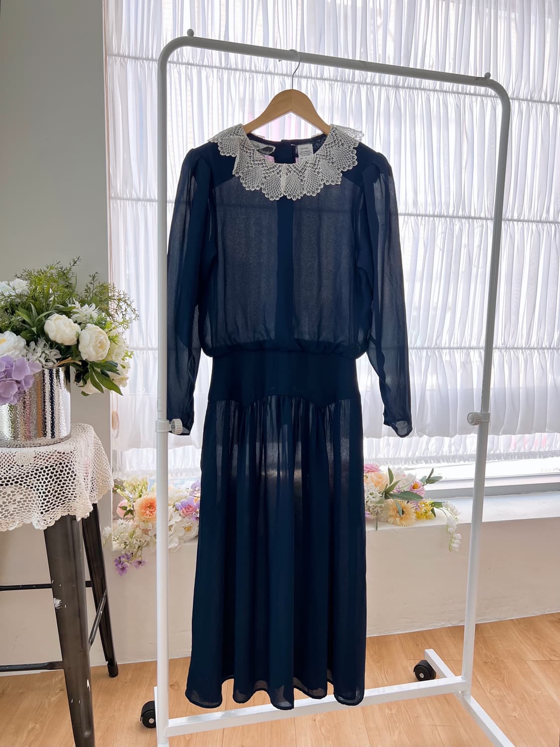 레이스 카라 딥네이비 롱 원피스 상품이미지1