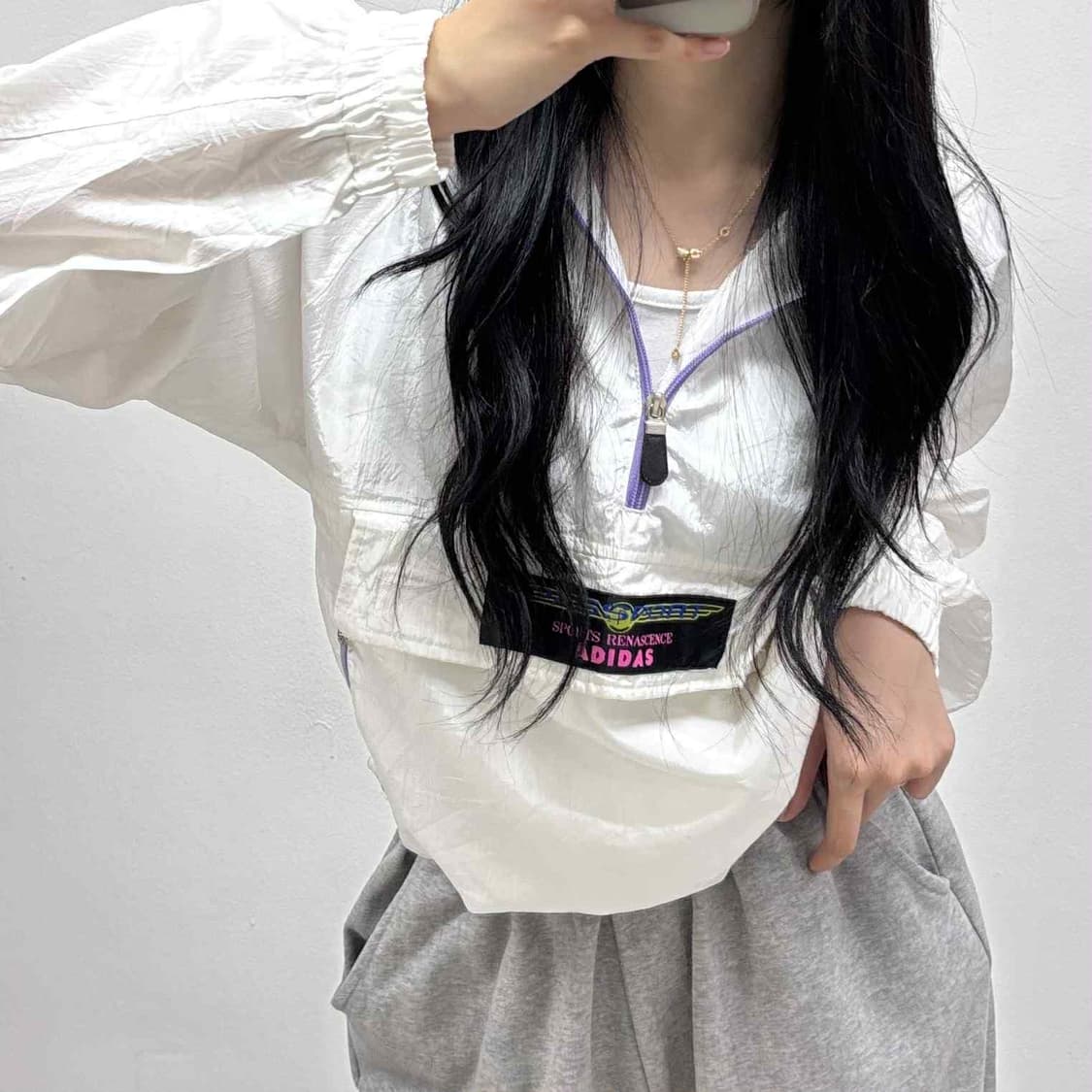 아디다스 일본판 데상트 90s 화이트 아노락 윈드브레이커 후드티 웜업 상품이미지2