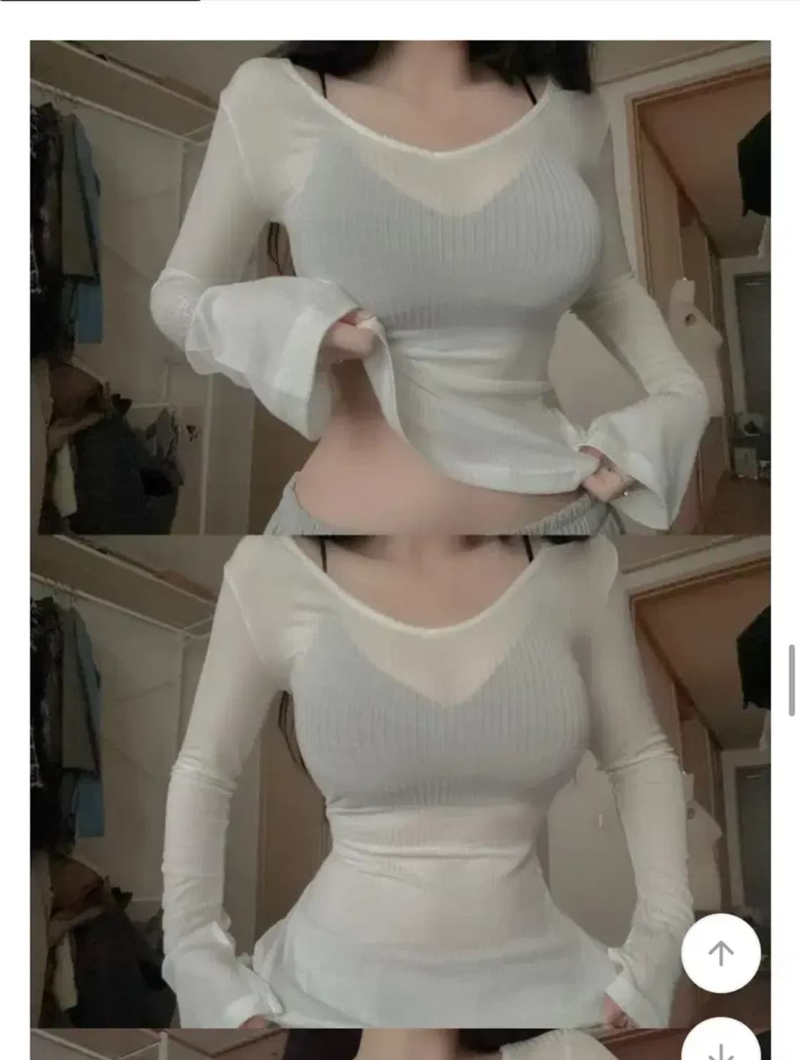 에이블리 텐셀 브이넥 오프숄더 레이어드 나팔 골지 긴팔티 상품이미지2