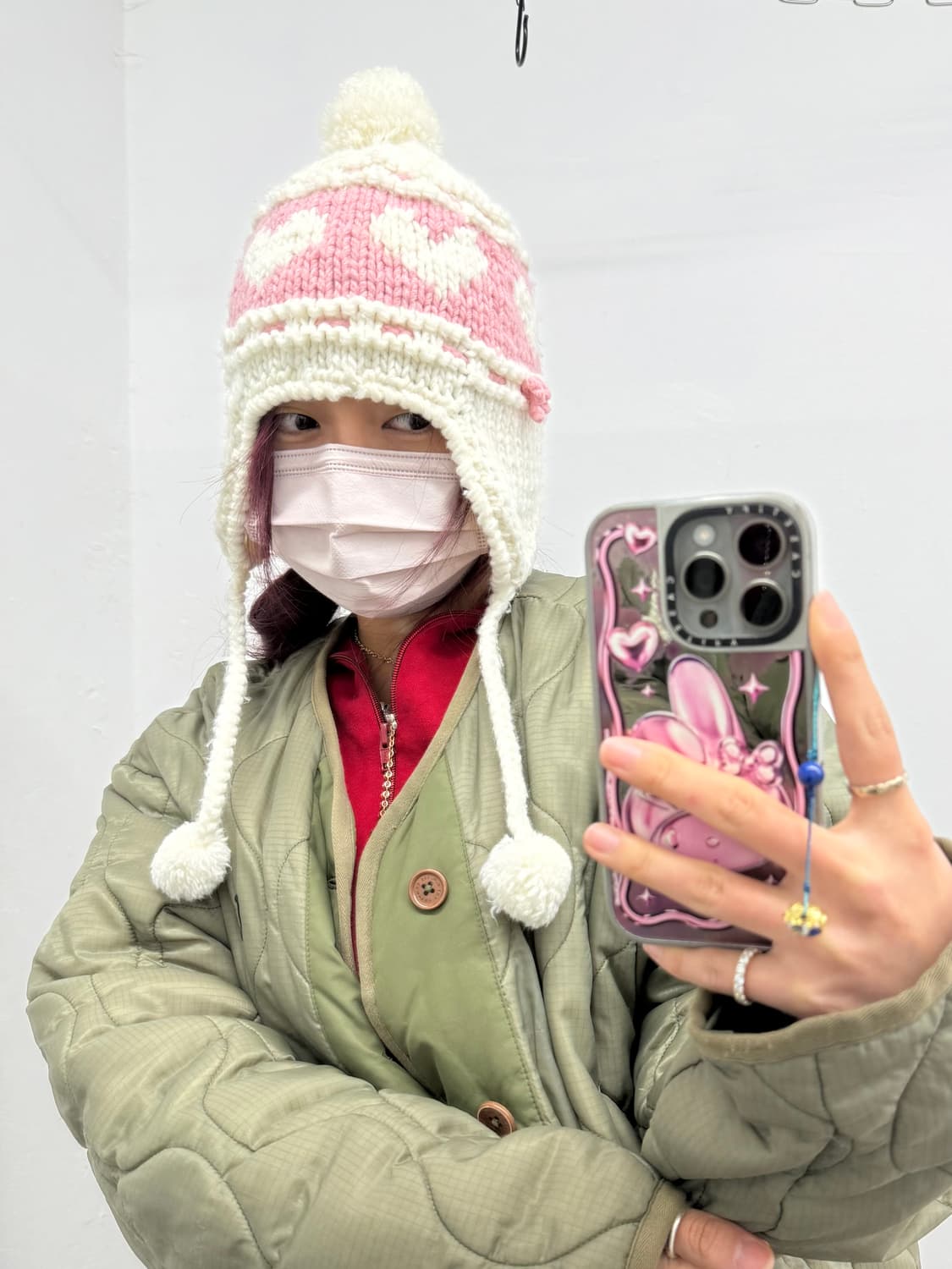 러블리 하트 리본 이어플랩 방울 비니 상품이미지3