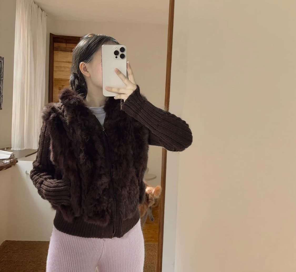 빈티지 초콜릿 브라운 여우털 후드 토끼털 꽈배기 니트자켓 후드집업 상품이미지5