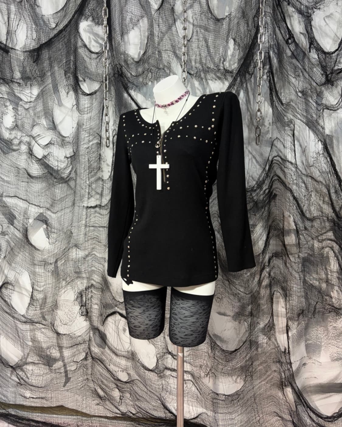 Y2K stud antique half zip-up knit long s 상품이미지3