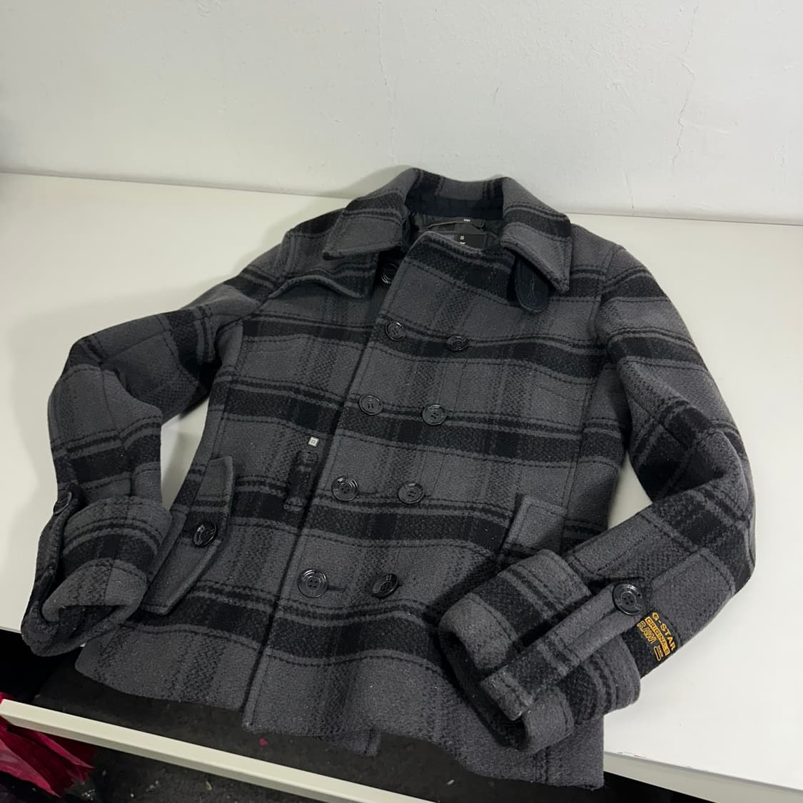 S 지스타로우 GSTAR 그레이 체크 더블 하프코트 상품이미지1