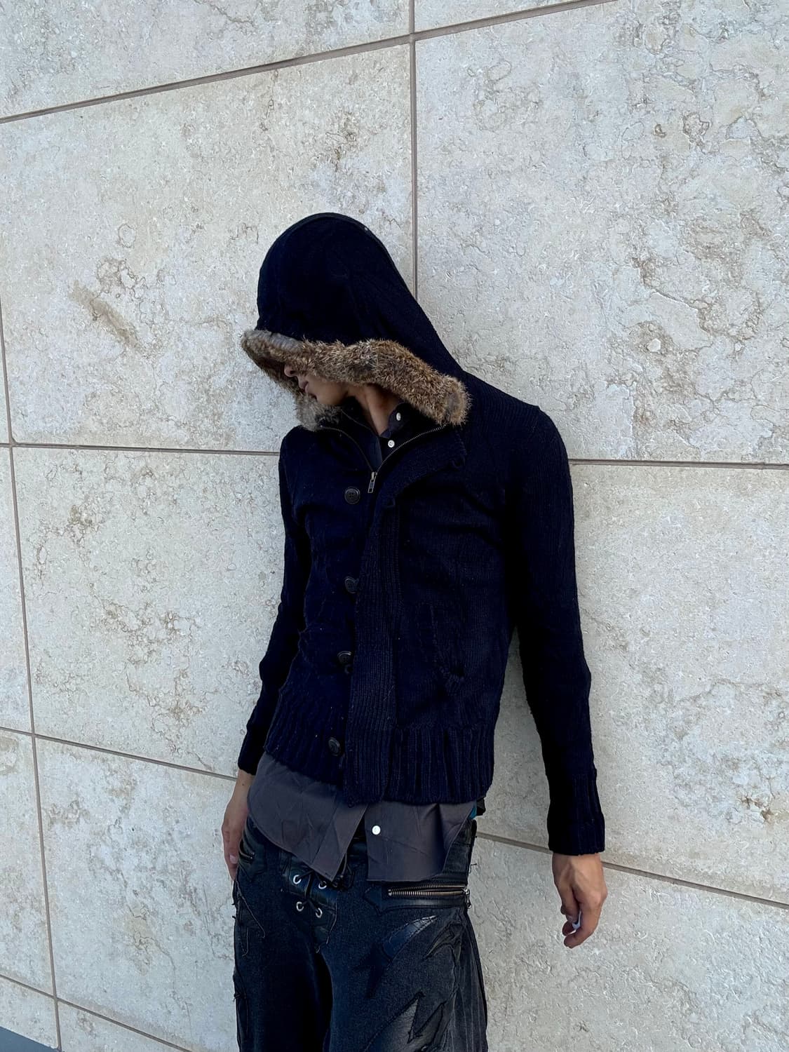 “Vintage” Navy Slim Fit Fur Hoodie Zip U 상품이미지2