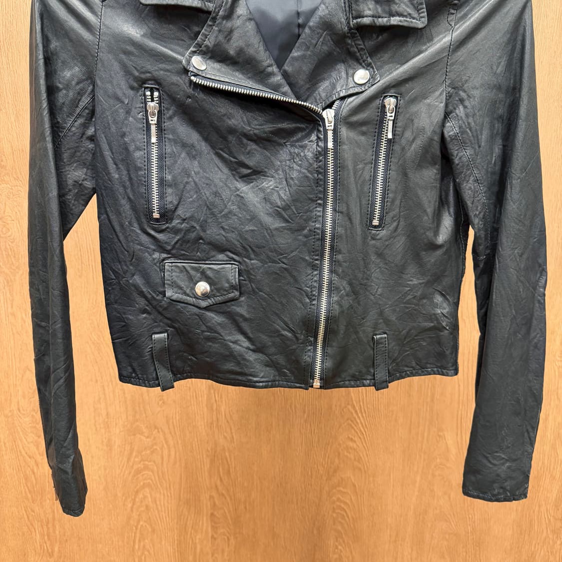 빈티지 긴팔 싱글 라이더 레더 자켓 사선 지퍼 벨트 고리 디테일 블랙 상품이미지5