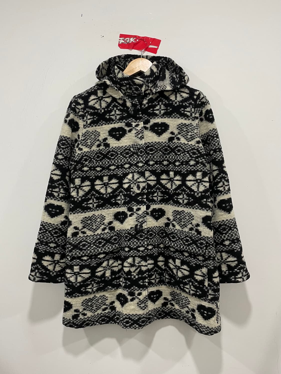 (빈티지)하트 자카드패턴 울 후드 롱 자켓 상품이미지2