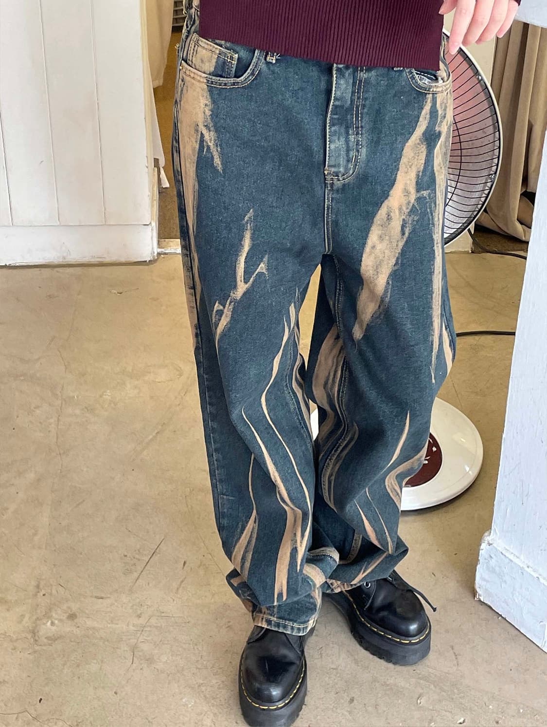 느낌표 크랙 워싱 페인팅 중청 데님 와이드 27 28 펑크 갸루 타이다이 상품이미지2