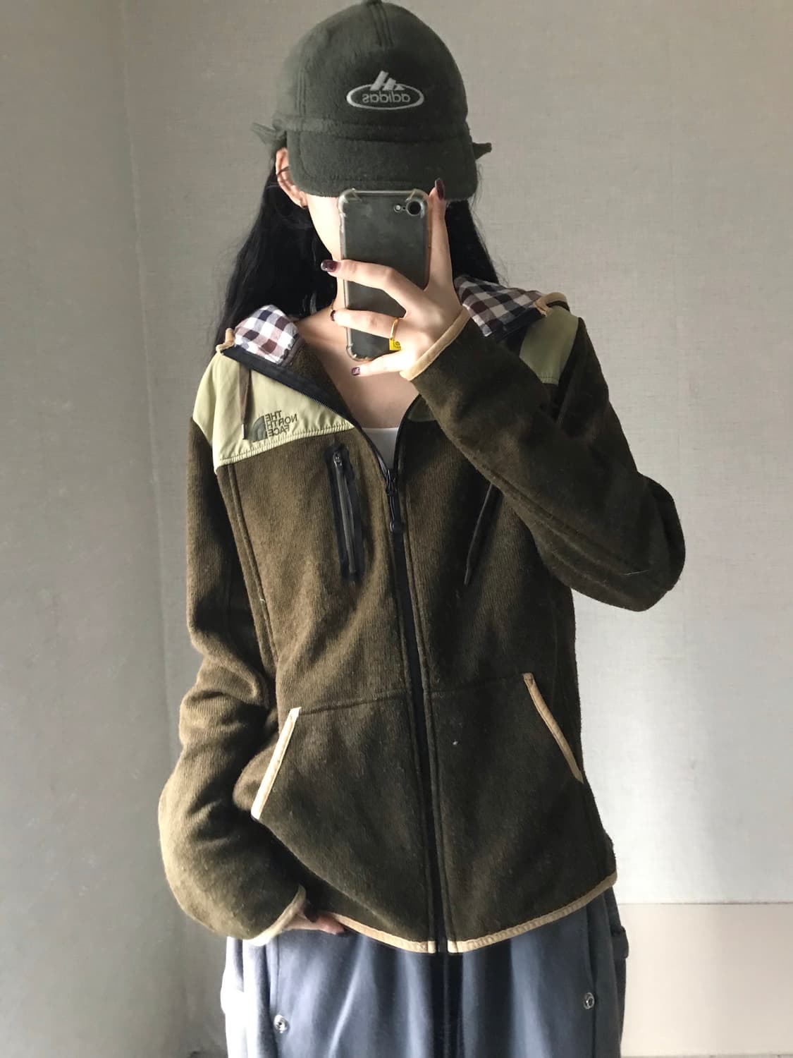 노페 카키브라운 체크후드 후리스 상품이미지3