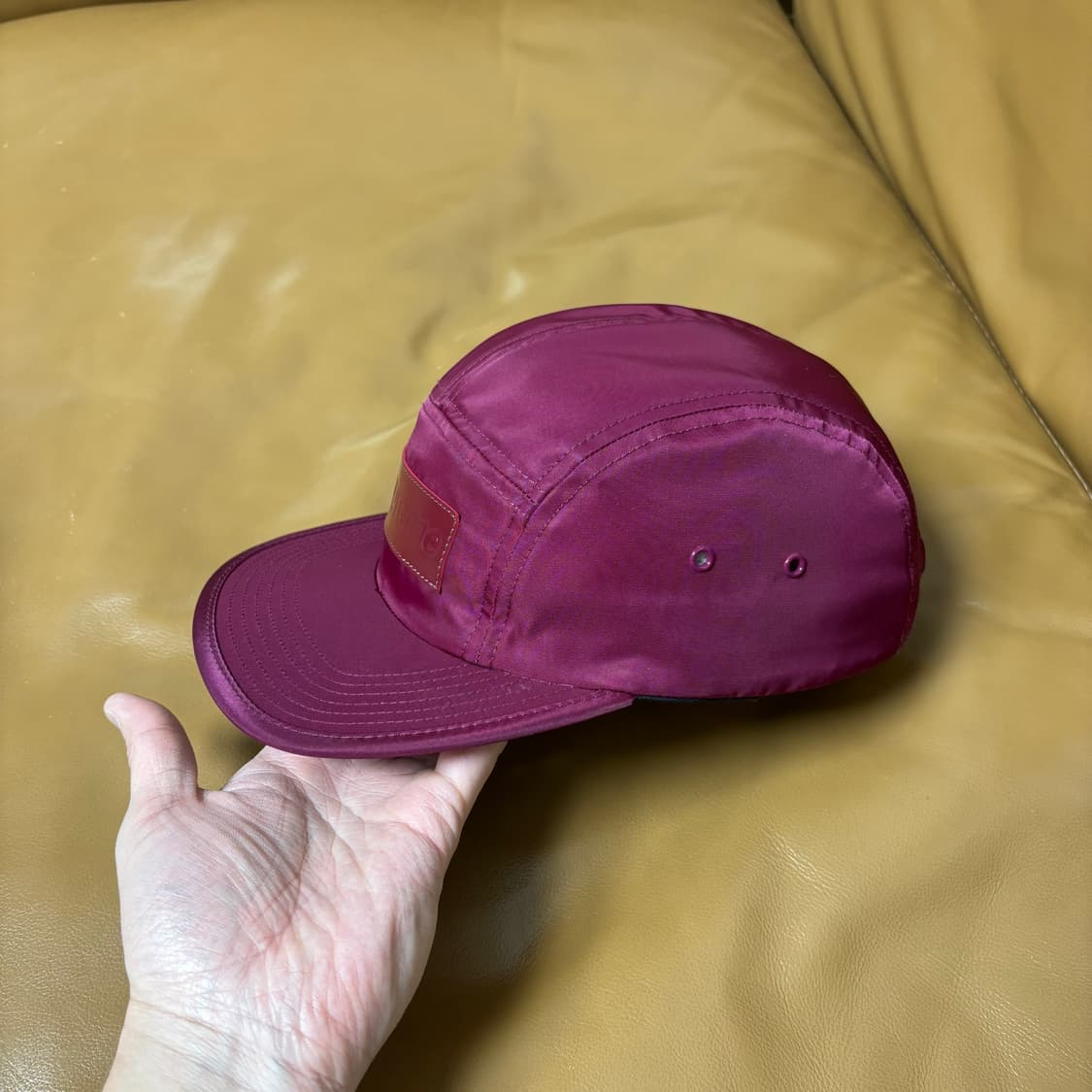 슈프림 캠프캡 모자 박스로고 레더 로고 버건디 상품이미지4