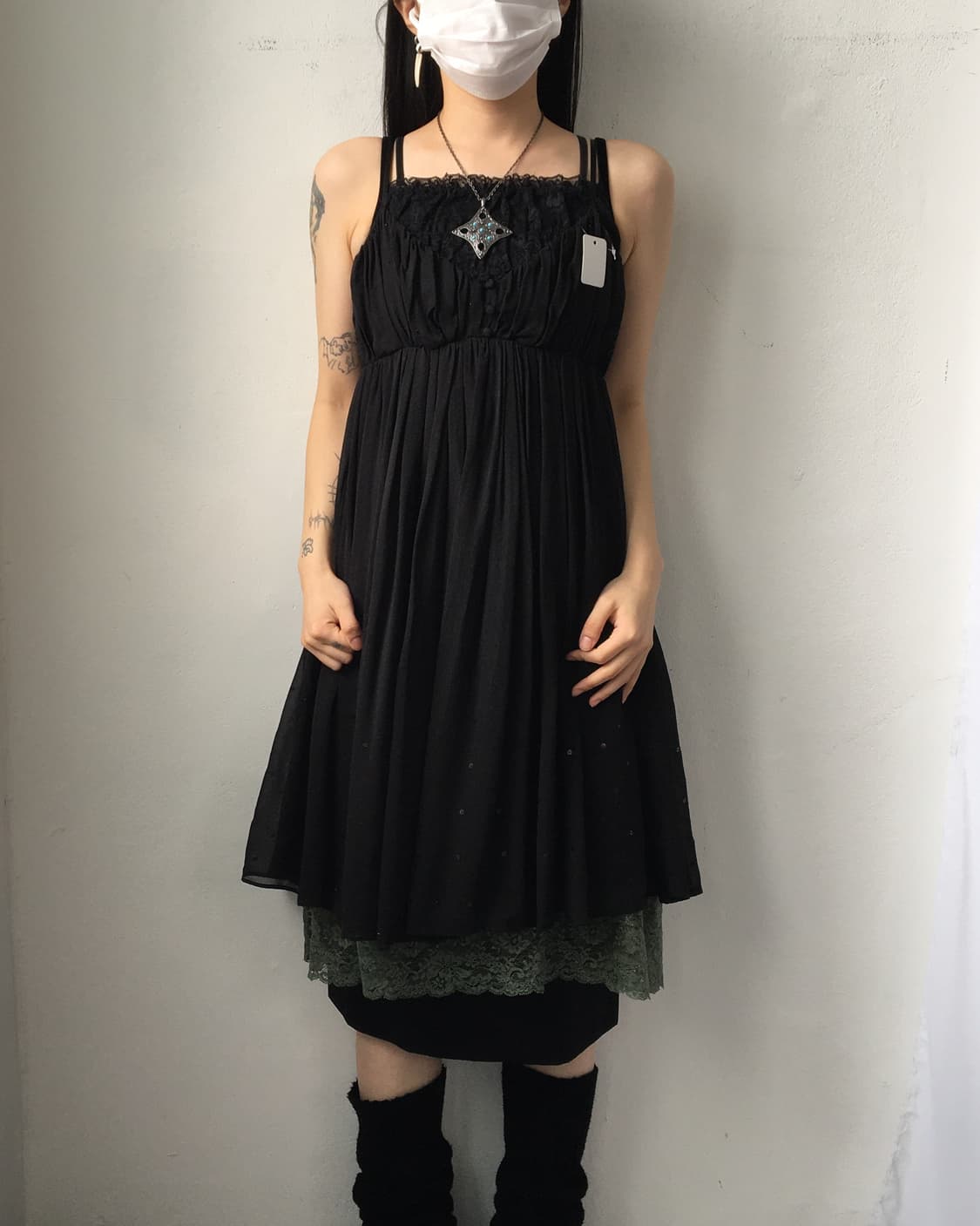 Shirring lace trimming sleeveless onepei 상품이미지1