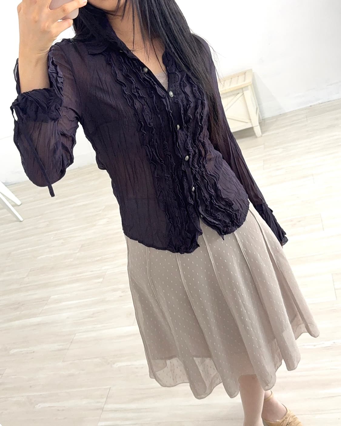 Taupe Sheer Dot Midi Skirt 상품이미지7