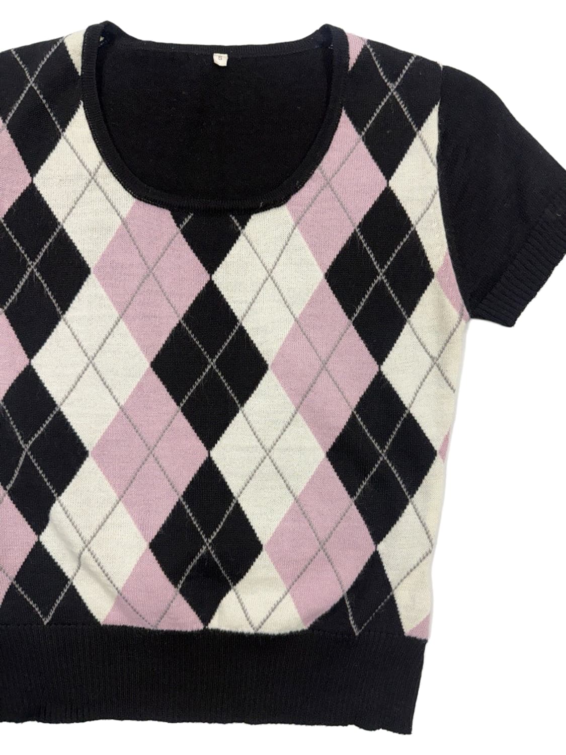빈티지 핑크 블랙 아가일 반팔 니트 상품이미지2