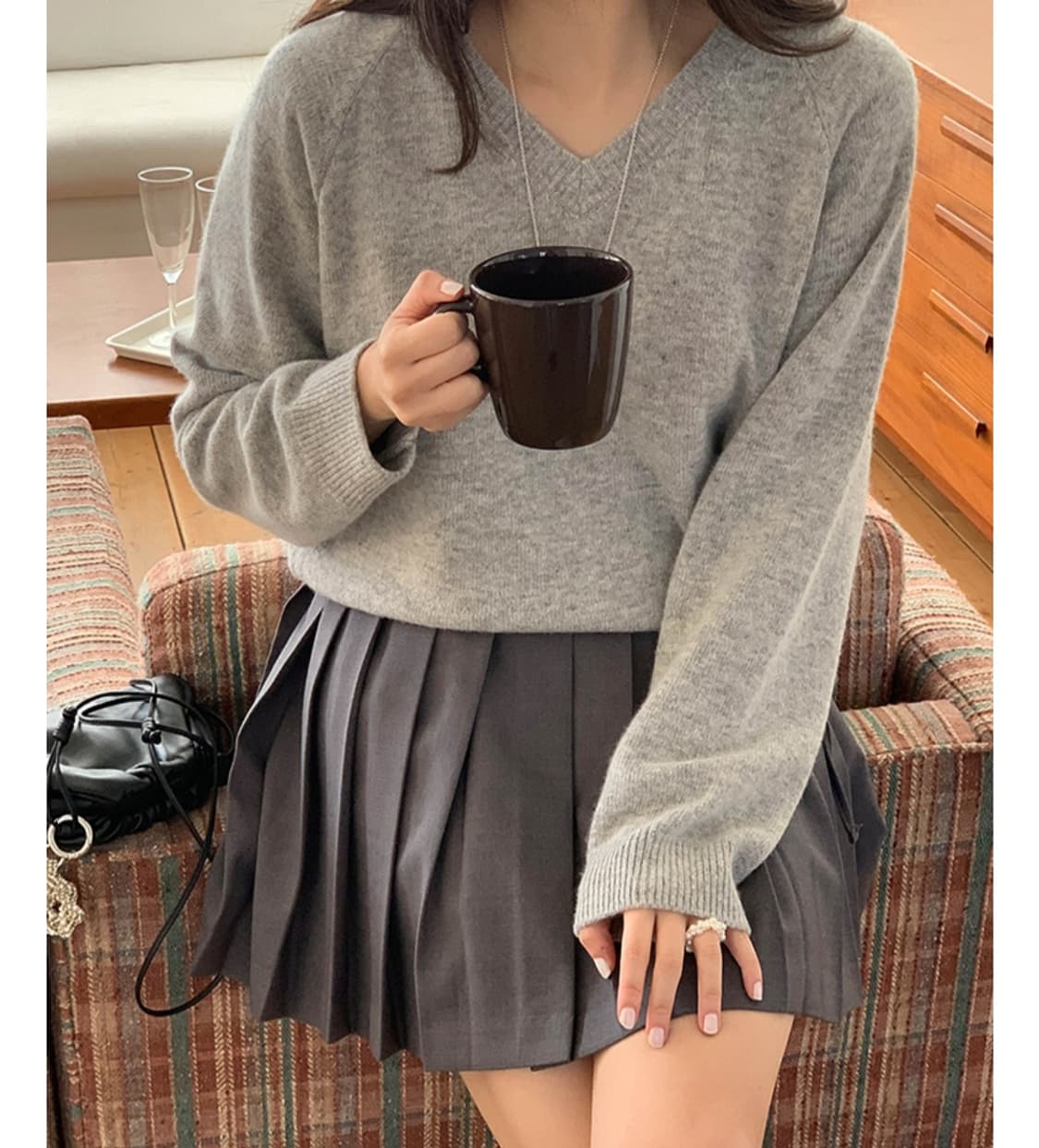 새상품) 미엘 miel 캐시미어 울 니트 하이 브이넥 니트 그레이 상품이미지2