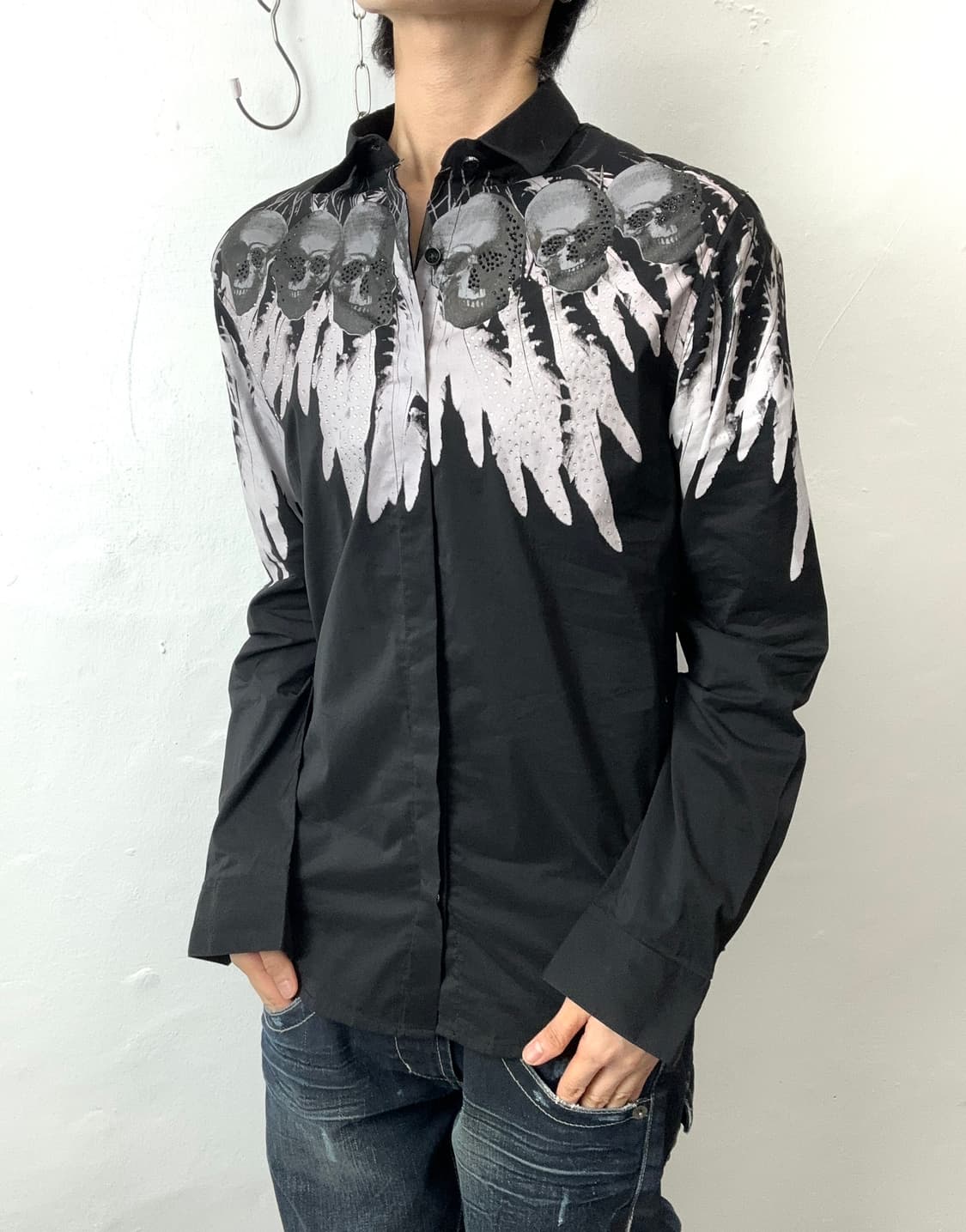 Black Skull & Wing Graphic Rhinestone Sh 상품이미지1