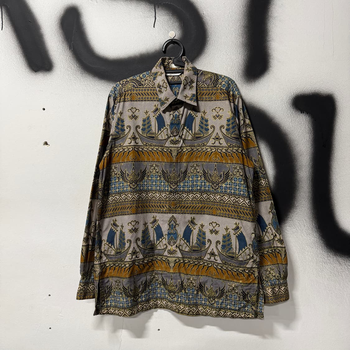 VTG 빈티지 그리스 에스닉 풀 패턴 멀티포켓 코튼 긴팔 셔츠 상품이미지1