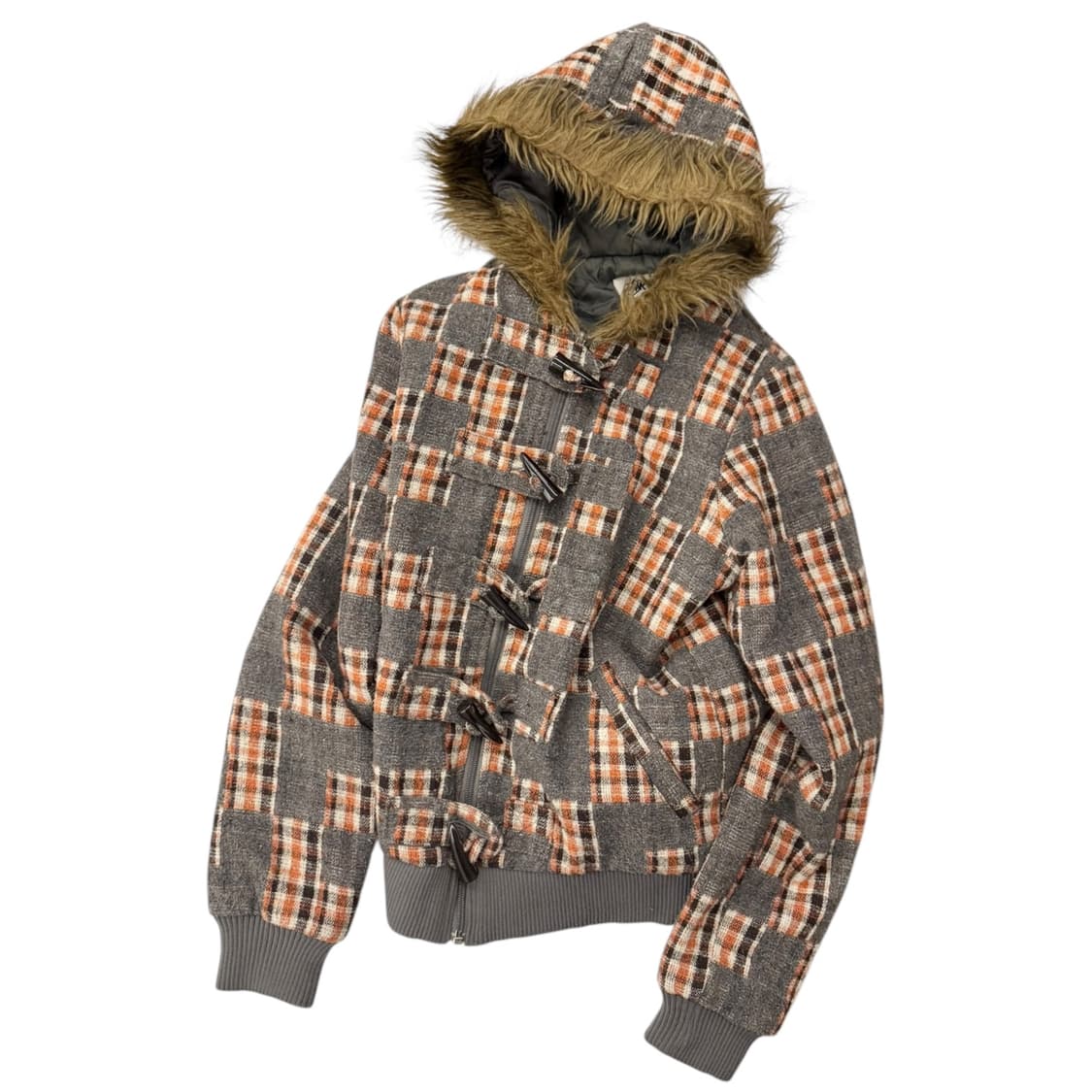 스투시 걸즈 체크 패디드 퍼 자켓 그레이/오렌지 상품이미지3