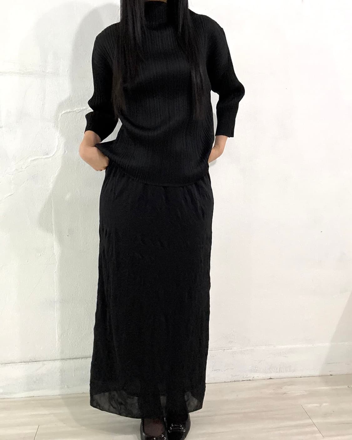 Black Wrinkle Detail Long Skirt 상품이미지4