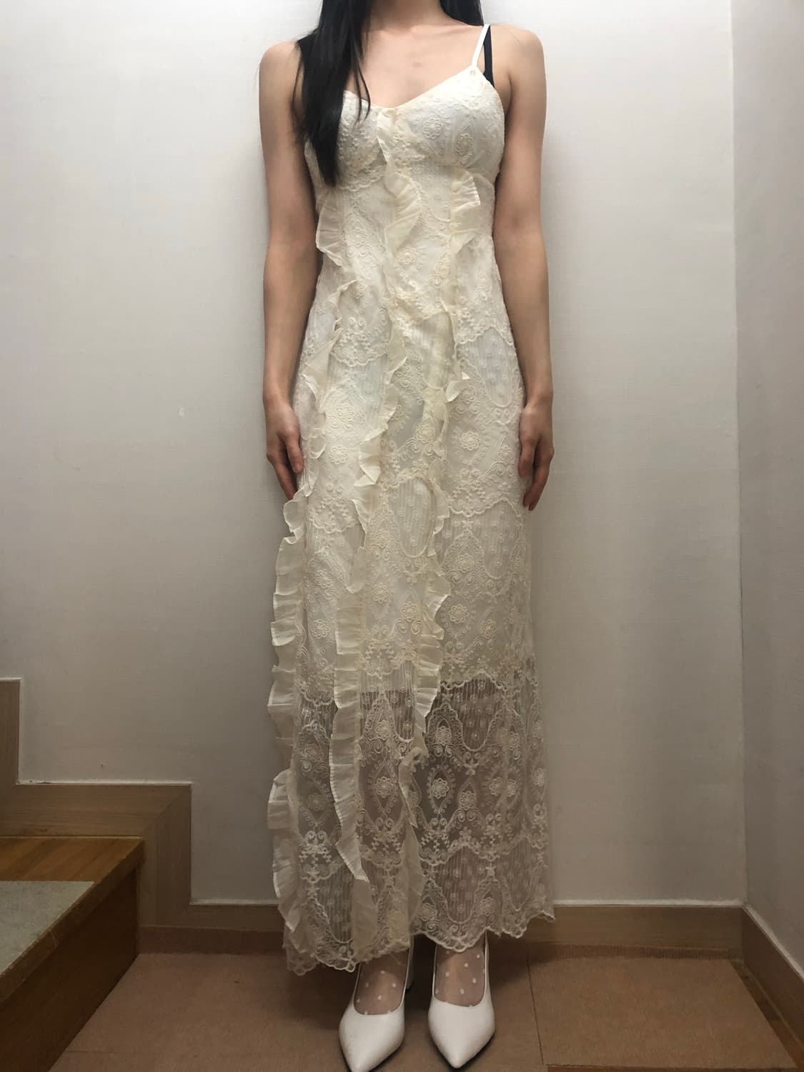 빈티지 아이보리 프릴 레이스 롱 원피스 상품이미지6