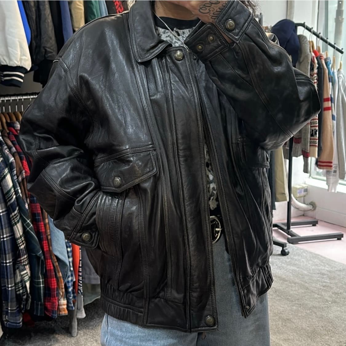 빈티지 블랙/브라운 양가죽 봄버 자켓105(내피) 상품이미지2