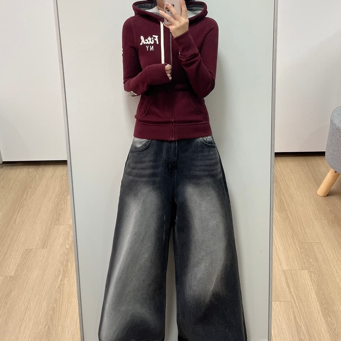 아베크롬비 딱붙핏 자수로고 버건디 후드집업 상품이미지1