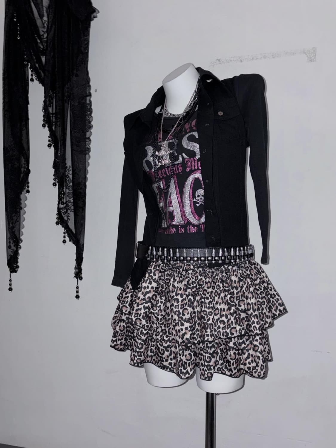 갸루펑크 3피스 저렴코디세트 💀🎀 해골 핫핑크 글리터 00s 걀펑 상품이미지5