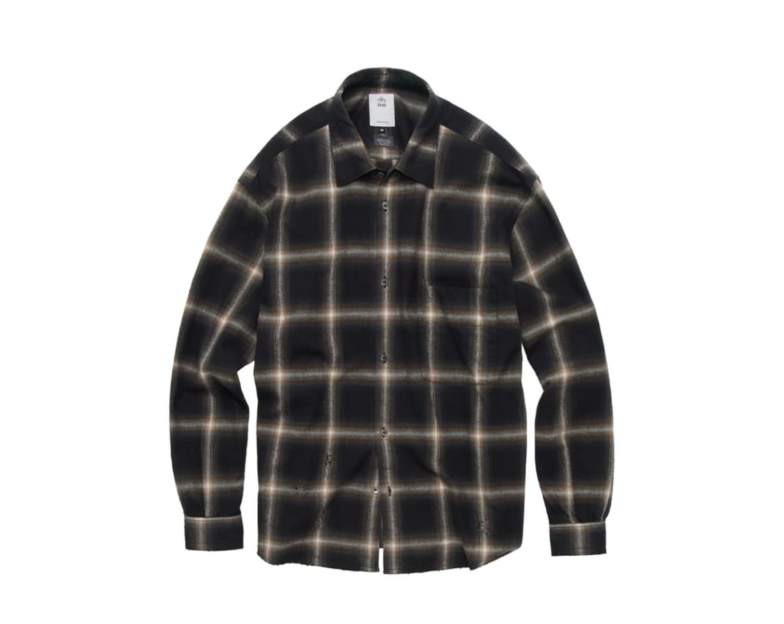 2) 폴리테루 루즈드 체크셔츠 데미지드 잉크브라운 상품이미지1