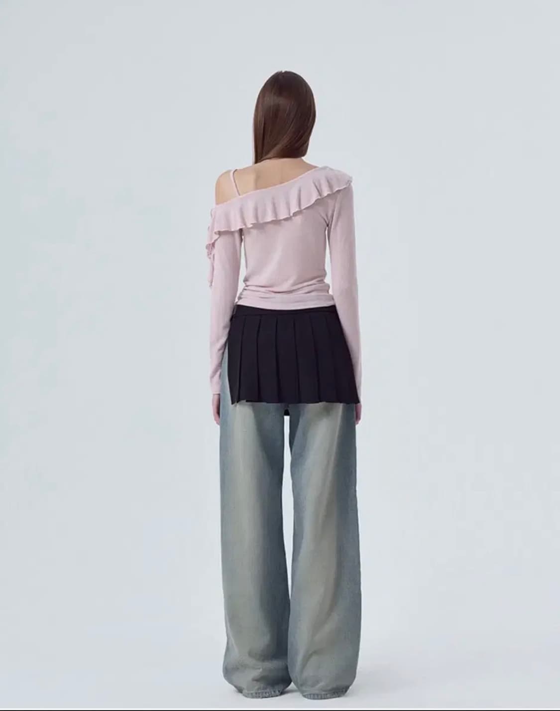 에트몽 프릴 원숄더 티셔츠 레이어드핑크오프숄더언발란스플노팔라벨르블랑컷텐셀 상품이미지4