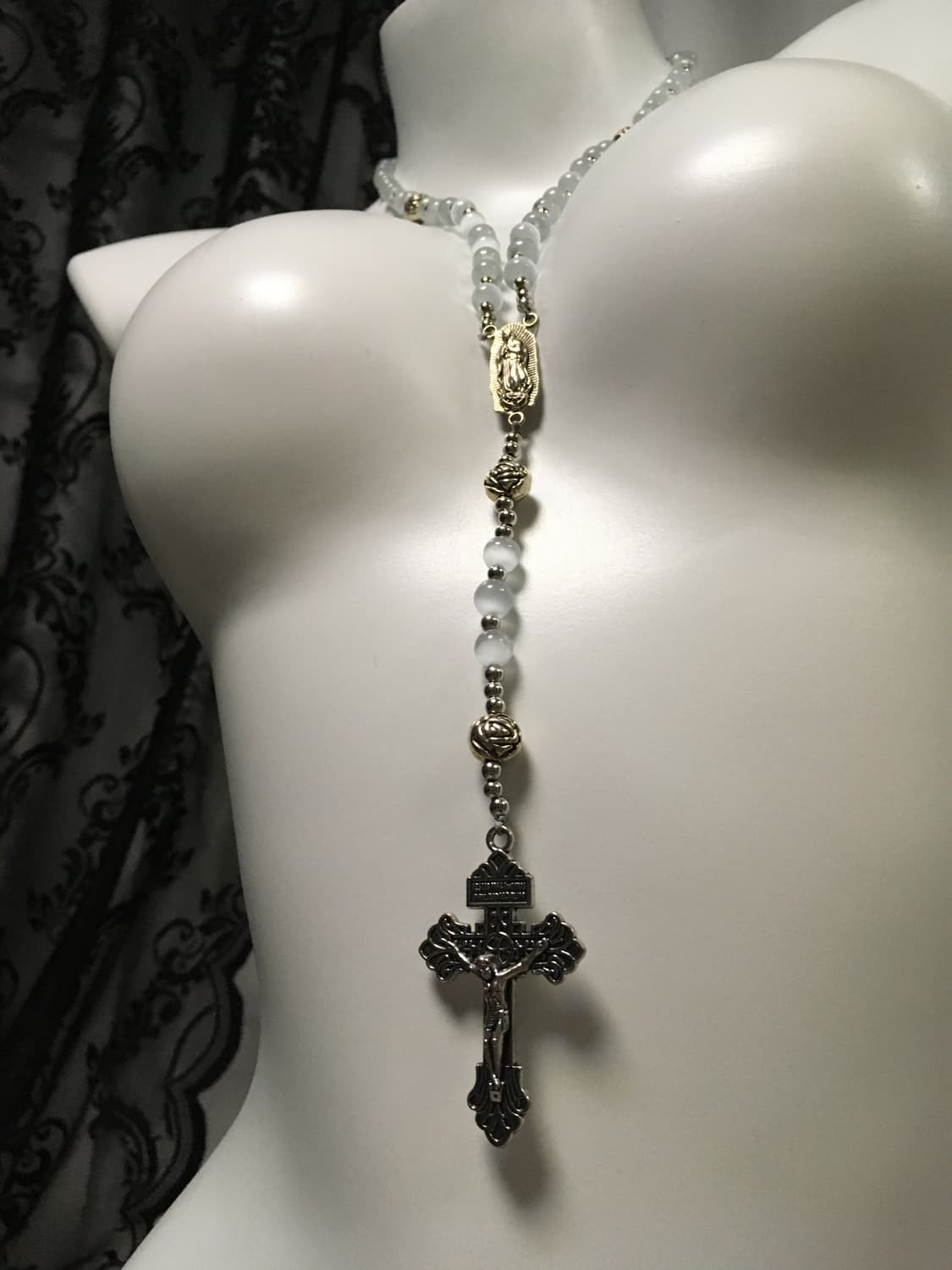 Vintage 핀터레스트 캣츠아이 원석 십자가 로자리오 목걸이 상품이미지5