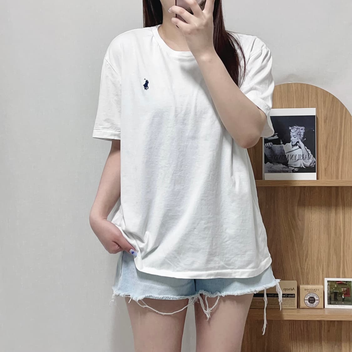 [정품] 폴로 화이트 / 네이비포니 라운드 반팔티 [ L ] 상품이미지1