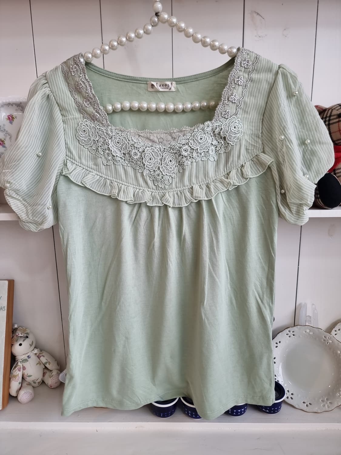 액시즈팜 레이스 프릴 블라우스 민트 상품이미지4