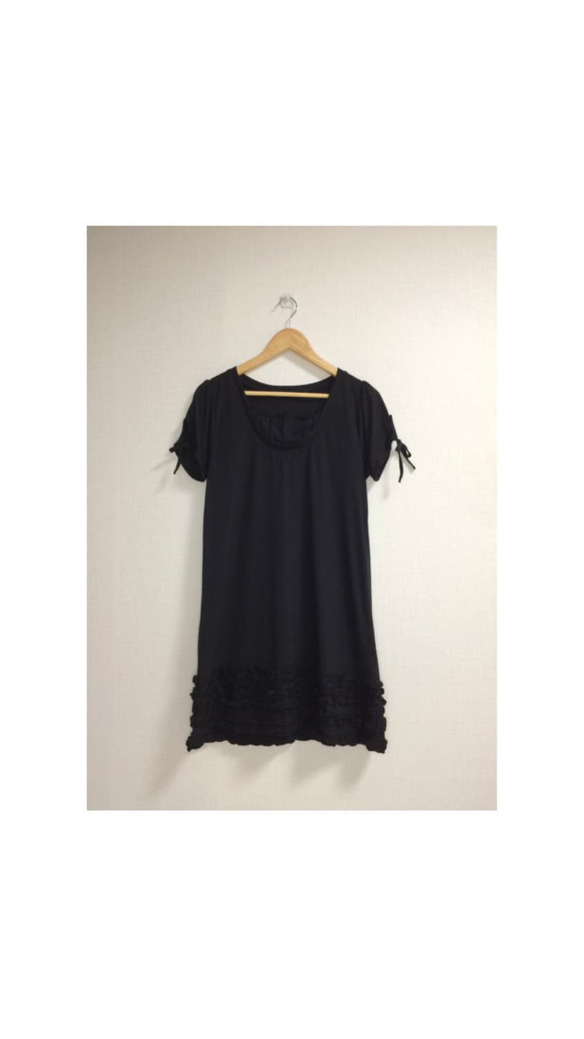 빈티지 블랙 겹프릴 퍼프 소매 반팔 튜닉 원피스 상품이미지1