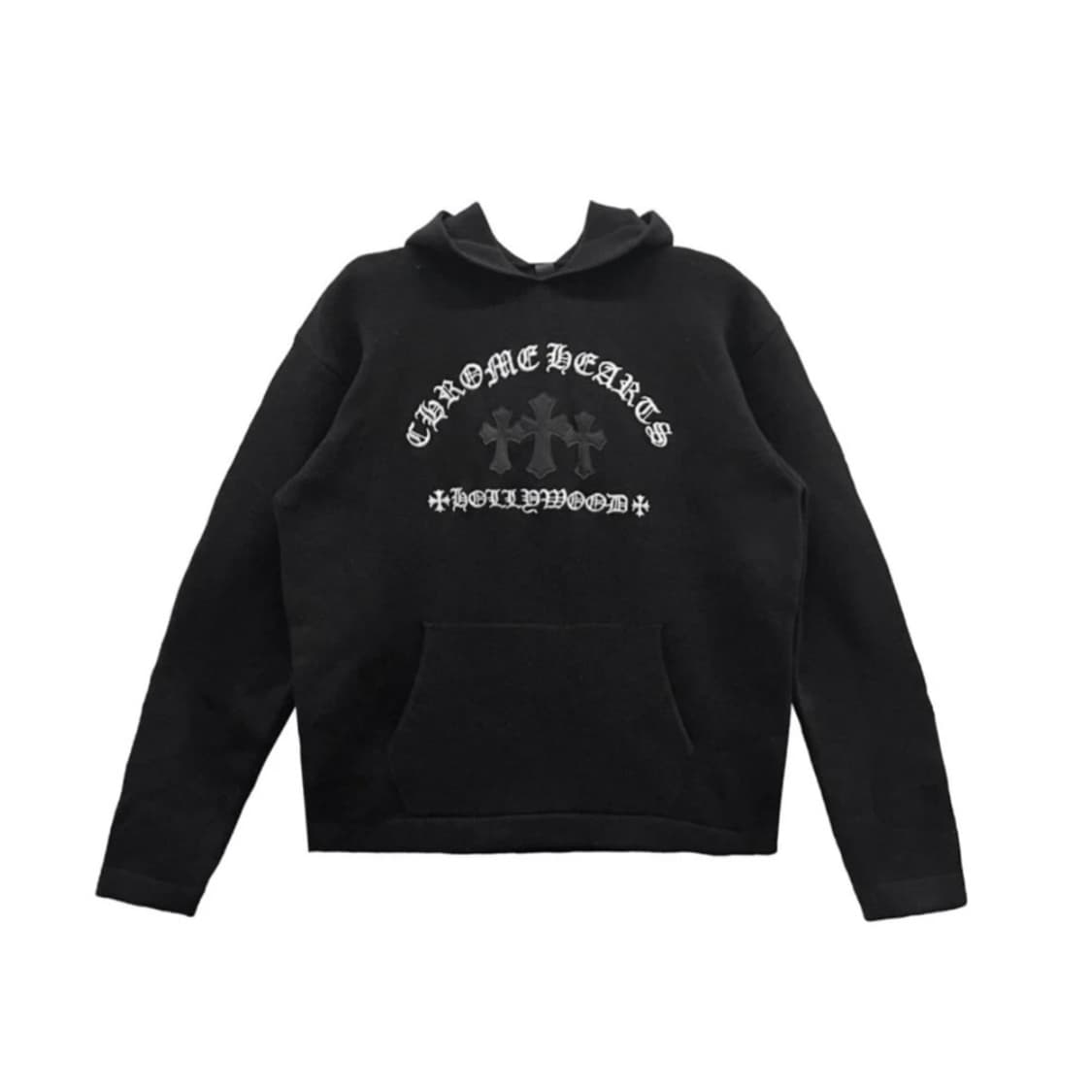 [XL] 크롬하츠 세메터리 크로스 레더 패치 캐시미어 후드 니트 블랙 상품이미지1