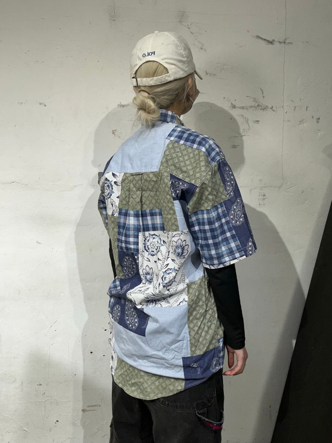 빈티지 블루 패턴 카라 오버핏 반팔티 S 상품이미지3