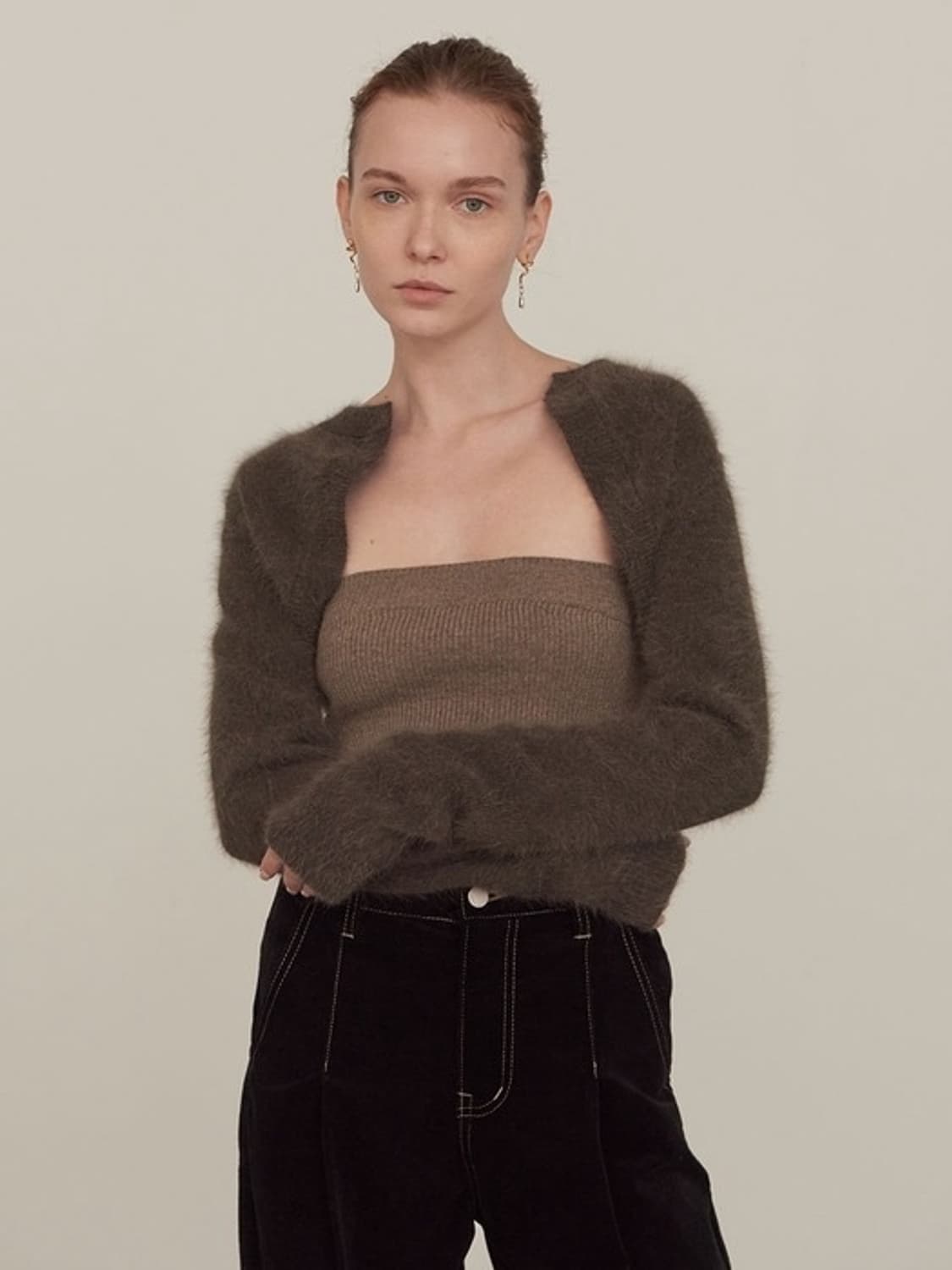 다이애그널 레이어드 튜브 탑 가디건 브라운 상품이미지1