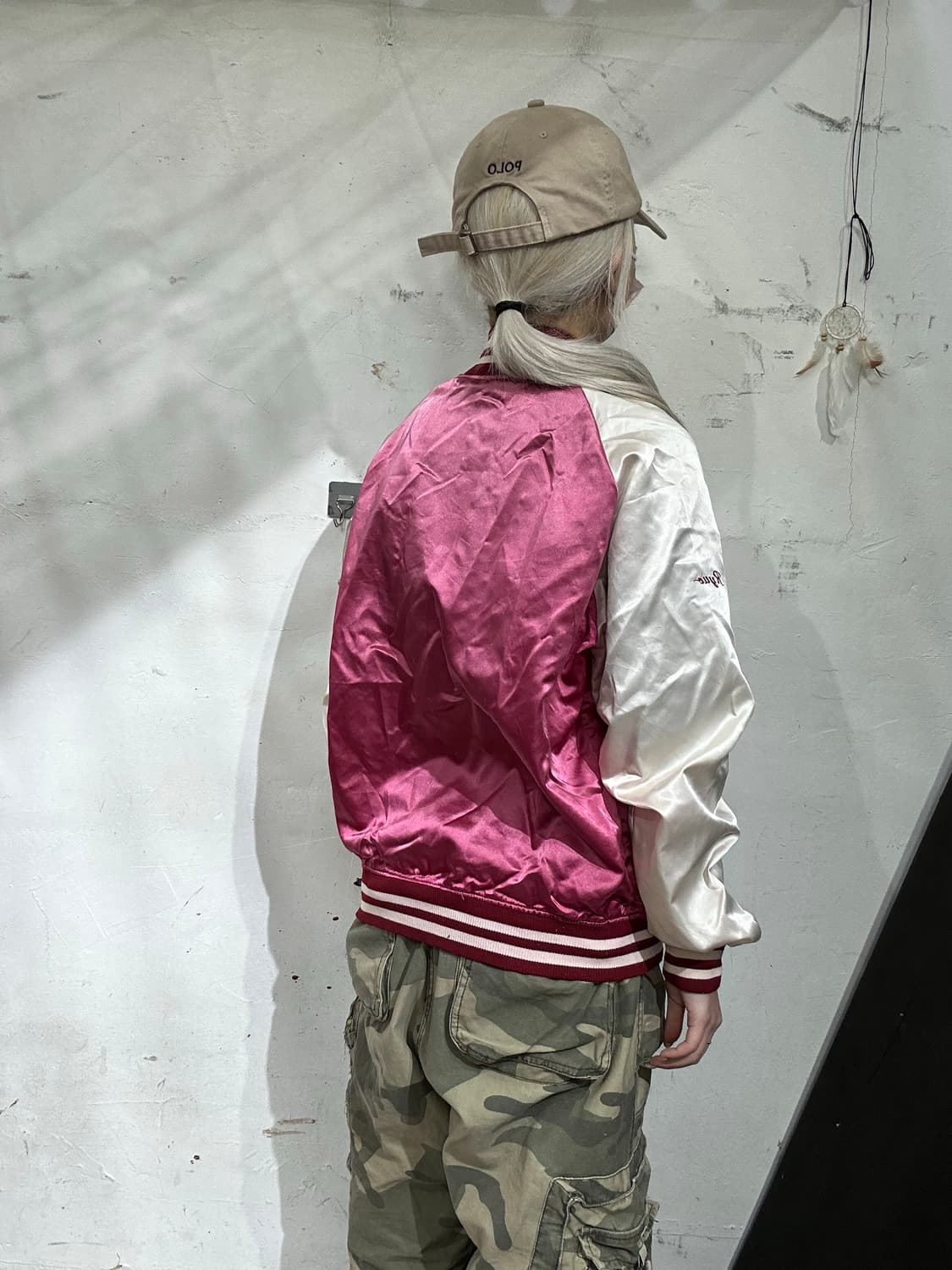 일본 빈티지 버건디 화이트 올드스쿨 스카잔 바시티 자켓 L 상품이미지3