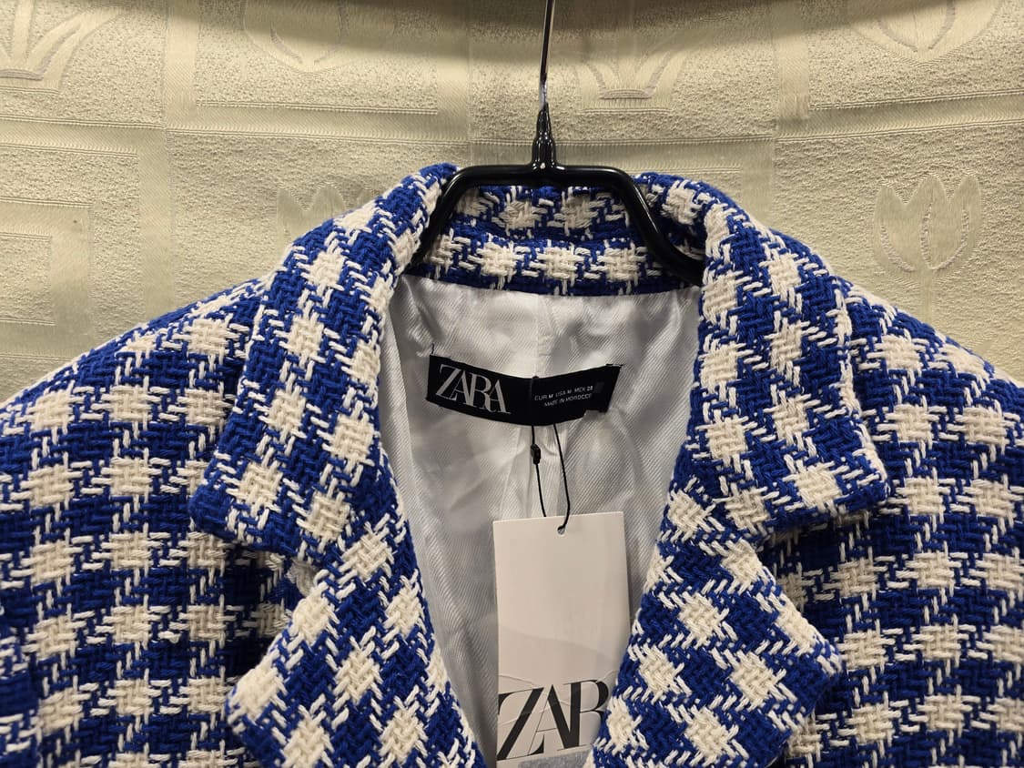 새상품) 자라 블루 체크 트위드 크롭 자켓 M(66) 상품이미지4