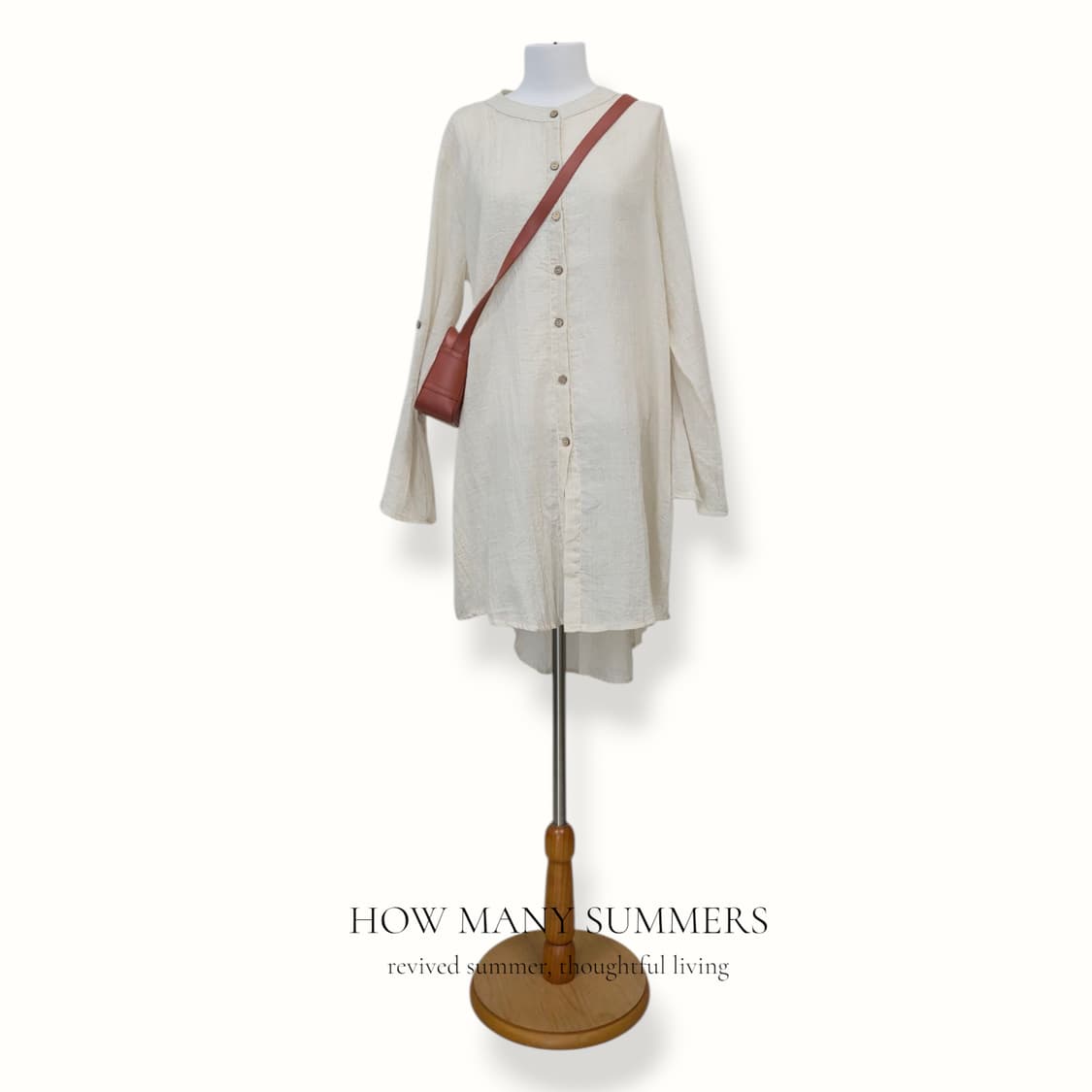 린넨 셔츠 롱 원피스 라이트베이지 밴드카라 긴팔 튜닉
 상품이미지1