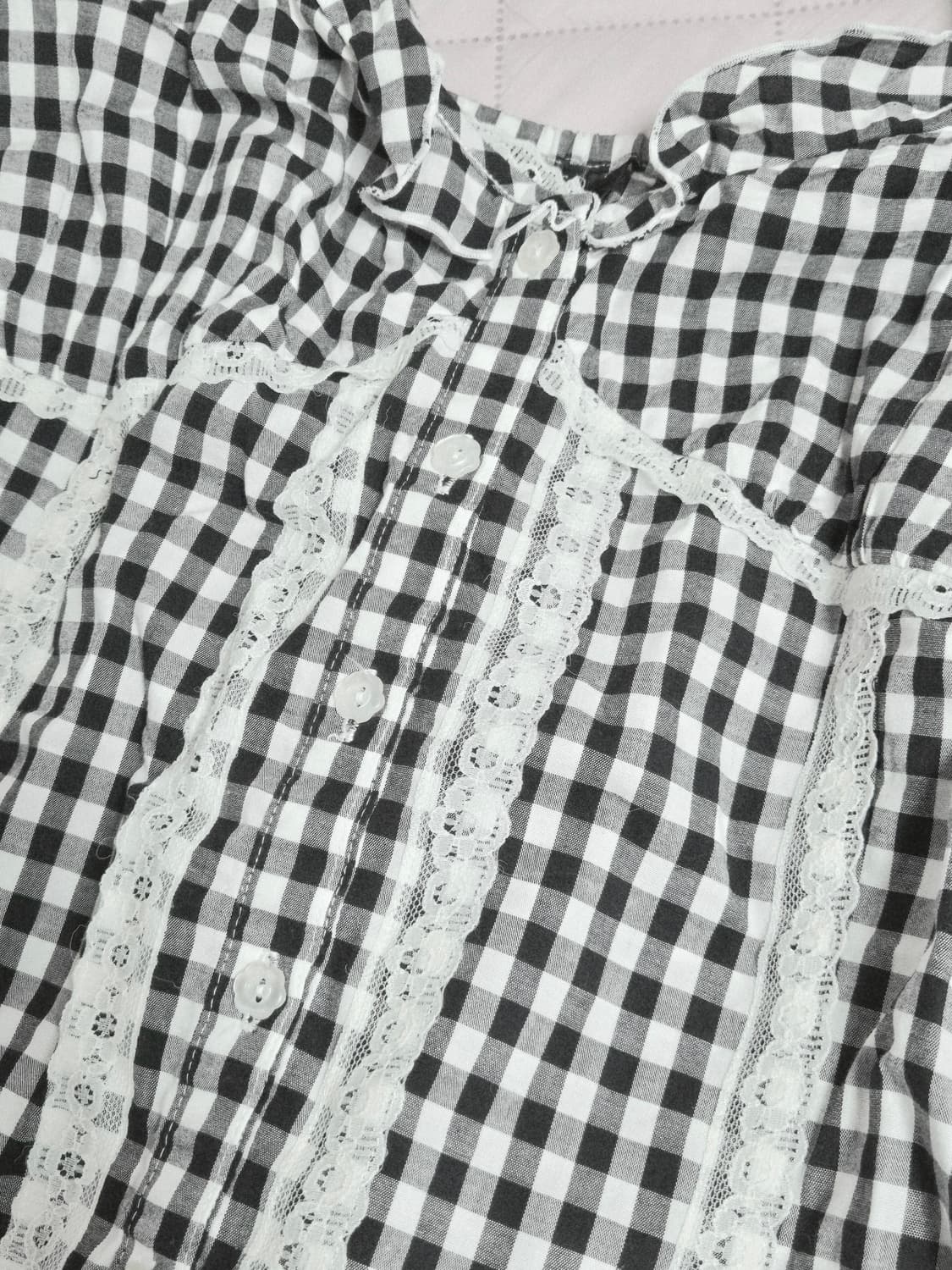 블랙 화이트 무채색 체크 슬리브리스 일브 빈티지 갸루 고딕 레이스 핀터 상품이미지4