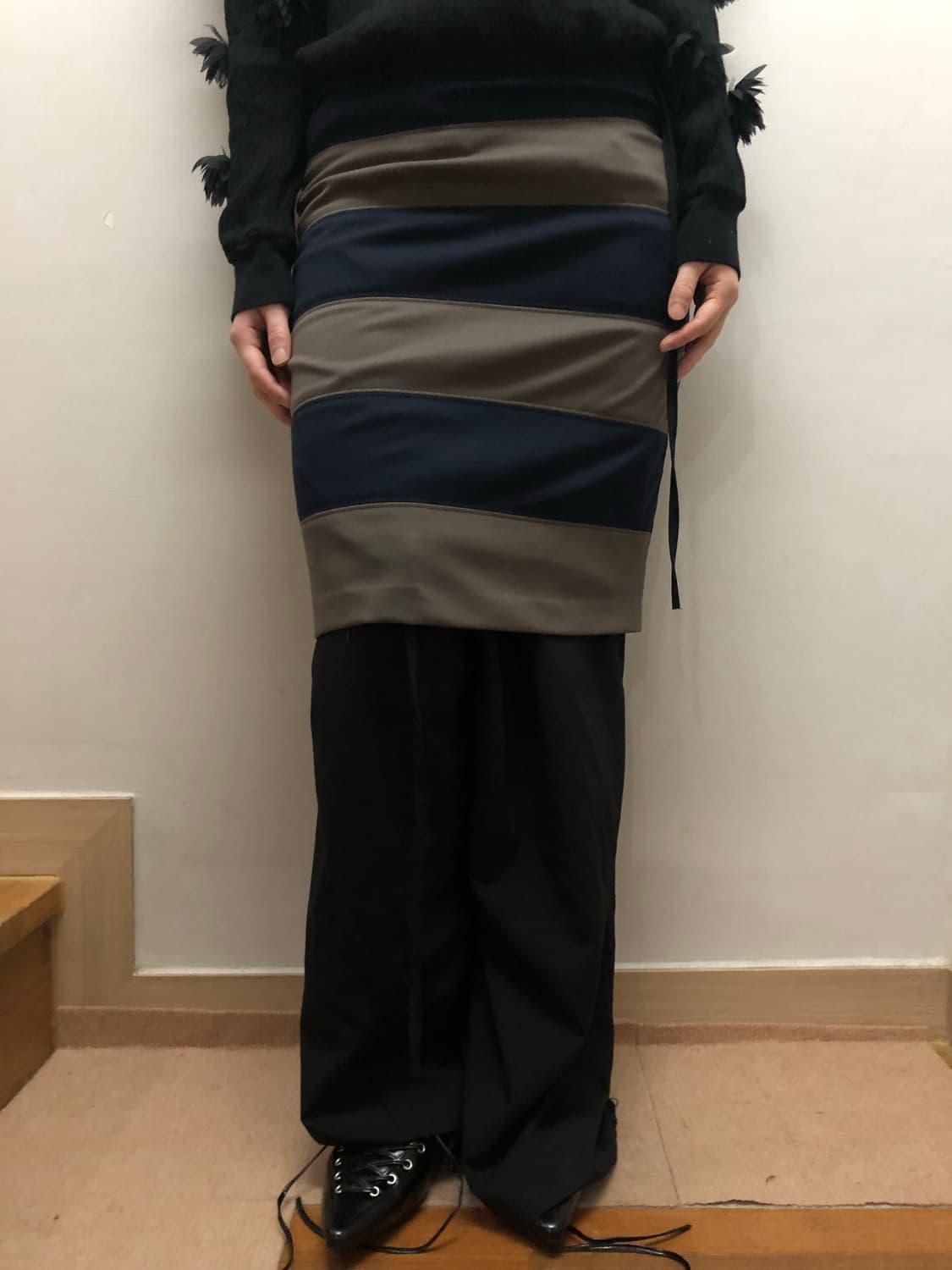 빈티지 카키 스트라이프 미디 스커트 상품이미지7