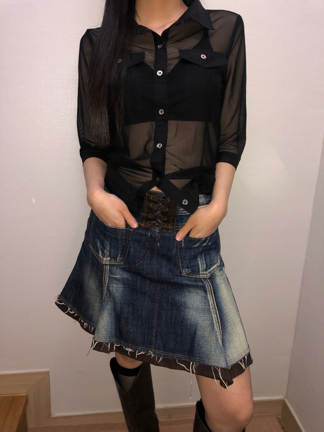빈티지 블랙 시스루 셔츠 상품이미지5