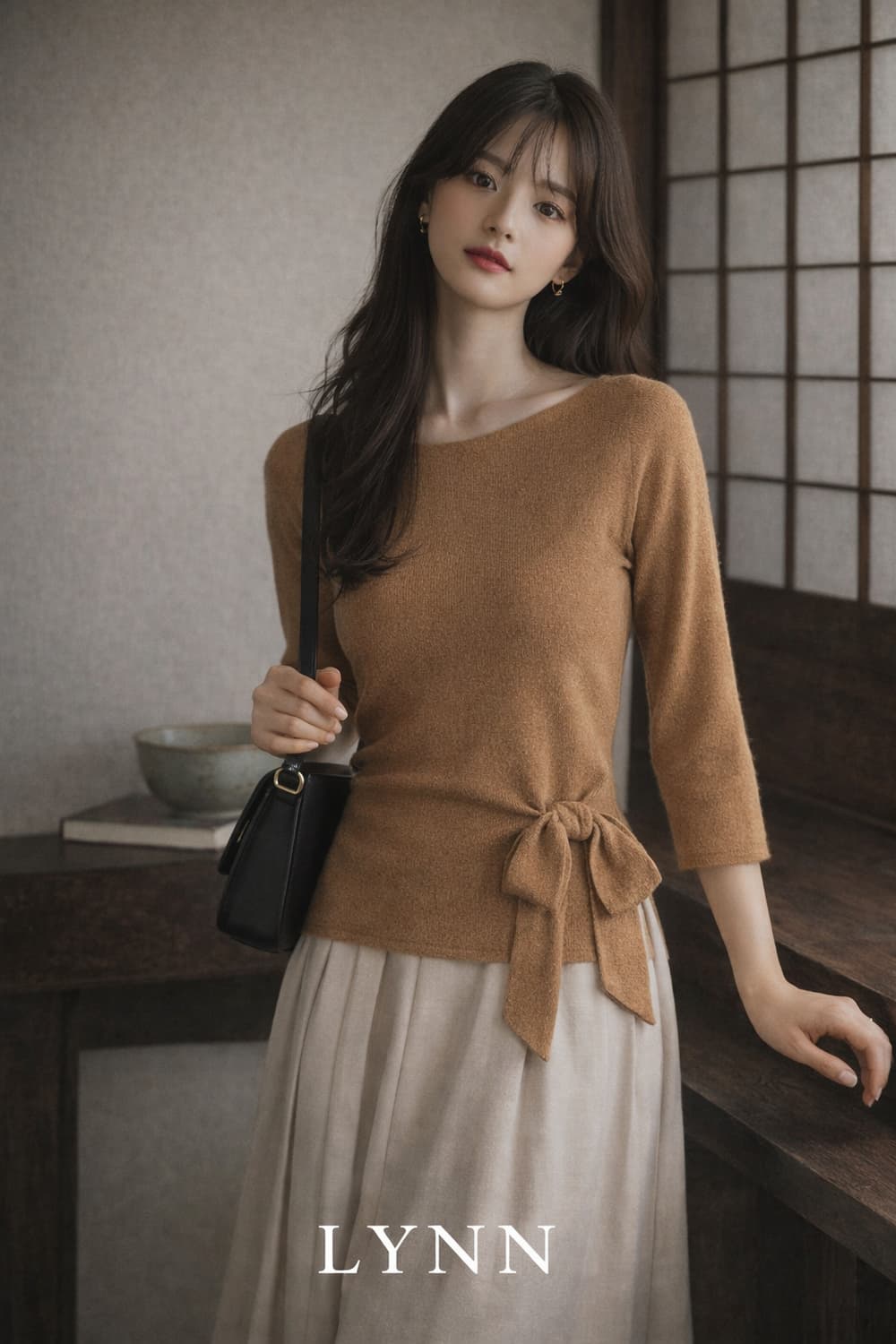 프리미엄 빈티지, 잔잔한 고급 무드 카멜 리본 니트 (LYNN) 상품이미지1