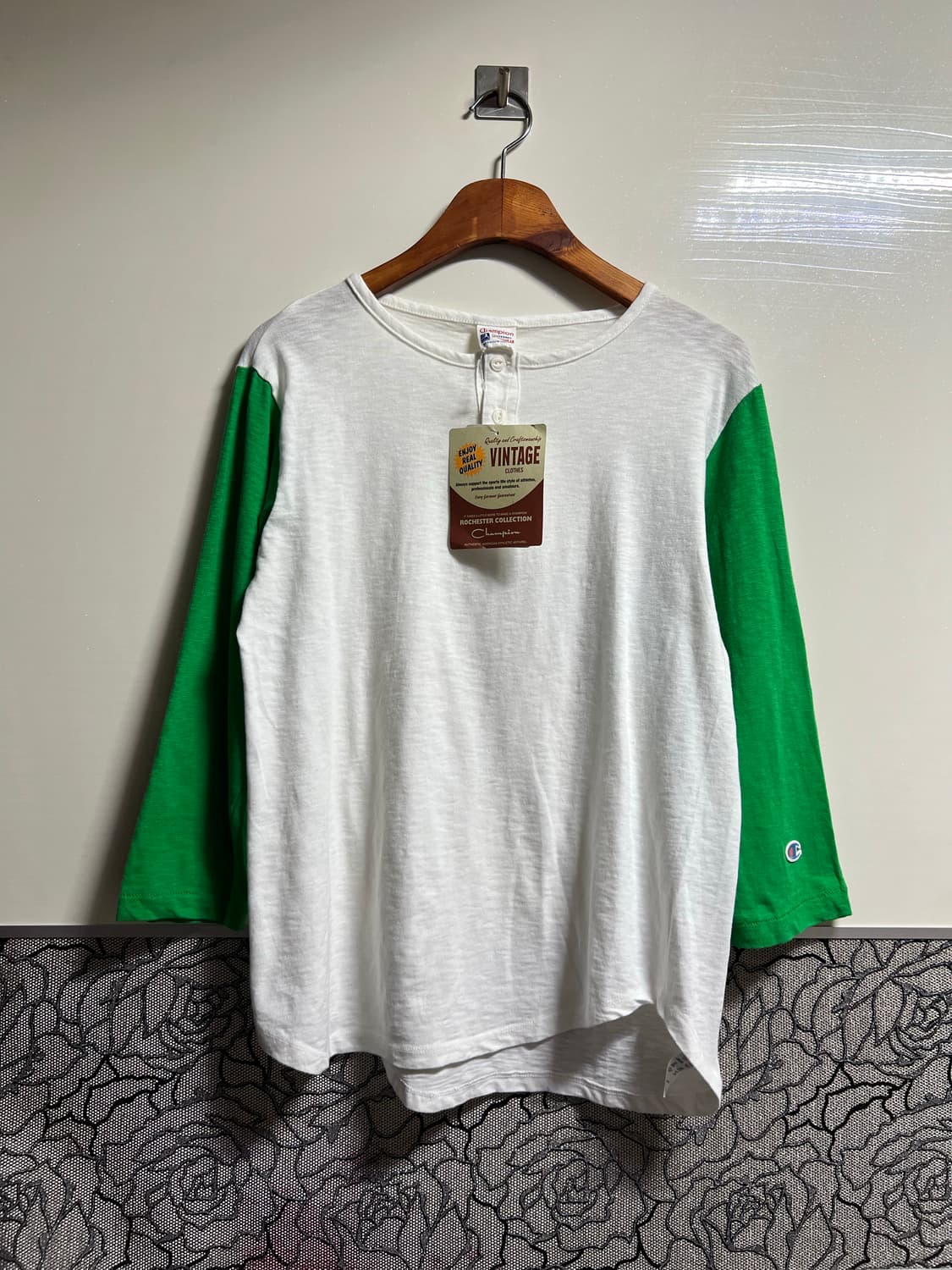 챔피온 7부 래글런 티셔츠 화이트/그린 상품이미지1