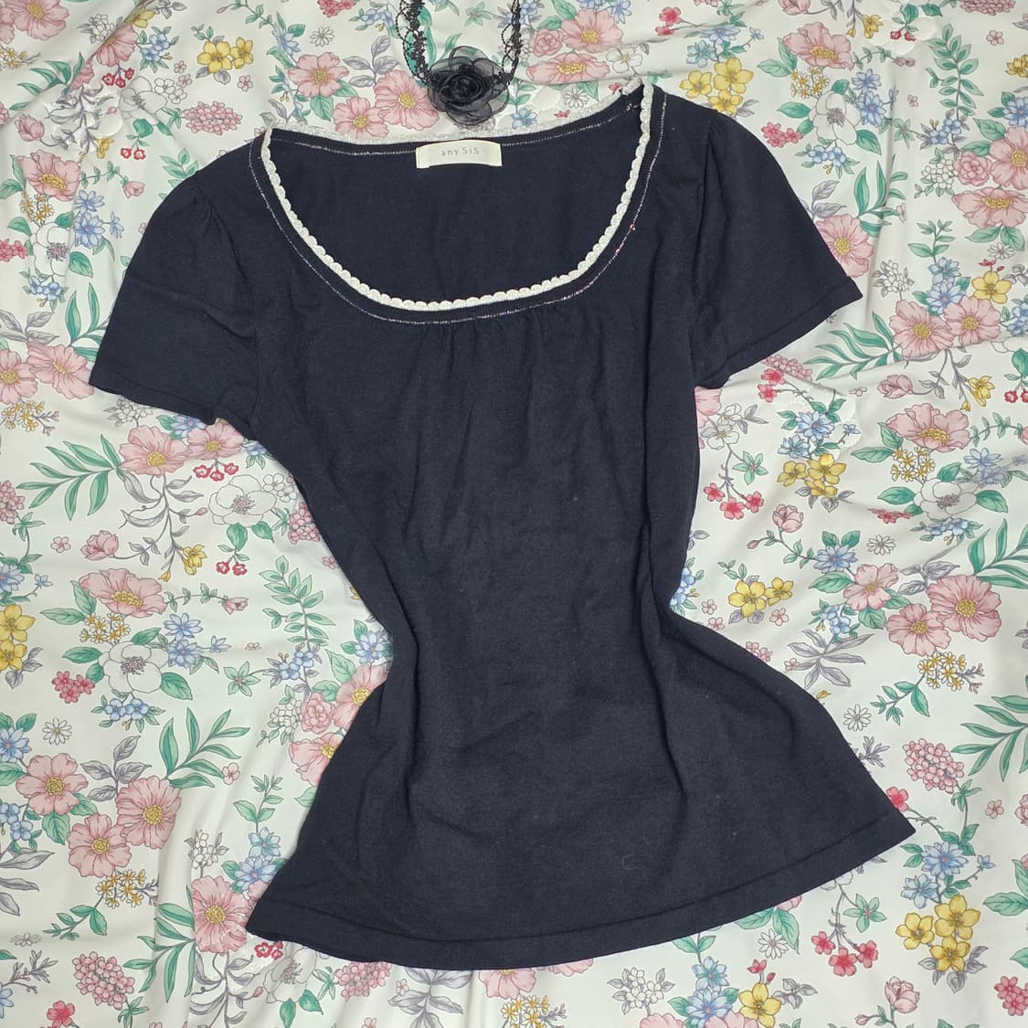 일본빈티지 anysis)블랙 고딕로리타 공겜여주 레이스 니트반팔블라우스 상품이미지1