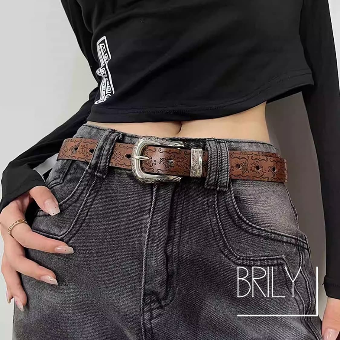 [Unisex] LAD 엔틱 에스닉 클래식 웨스턴 가죽 벨트 브라운 상품이미지1