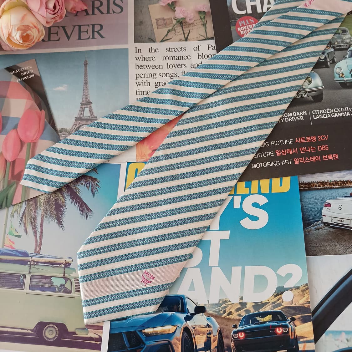 MCM 실크 스카이블루 스트라이프 넥타이 9.2cm A+등급 A19282 상품이미지3