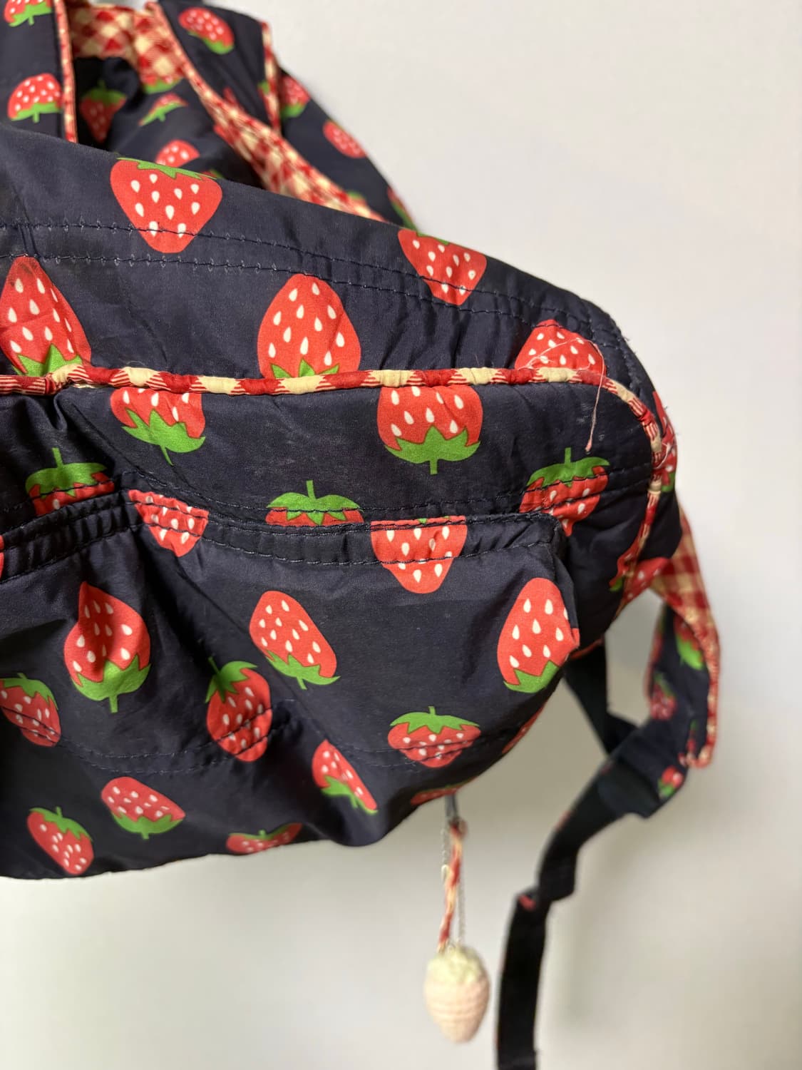 딸기 백팩 일본 빈티지 패턴 도트 체크 모리걸 가방 상품이미지7