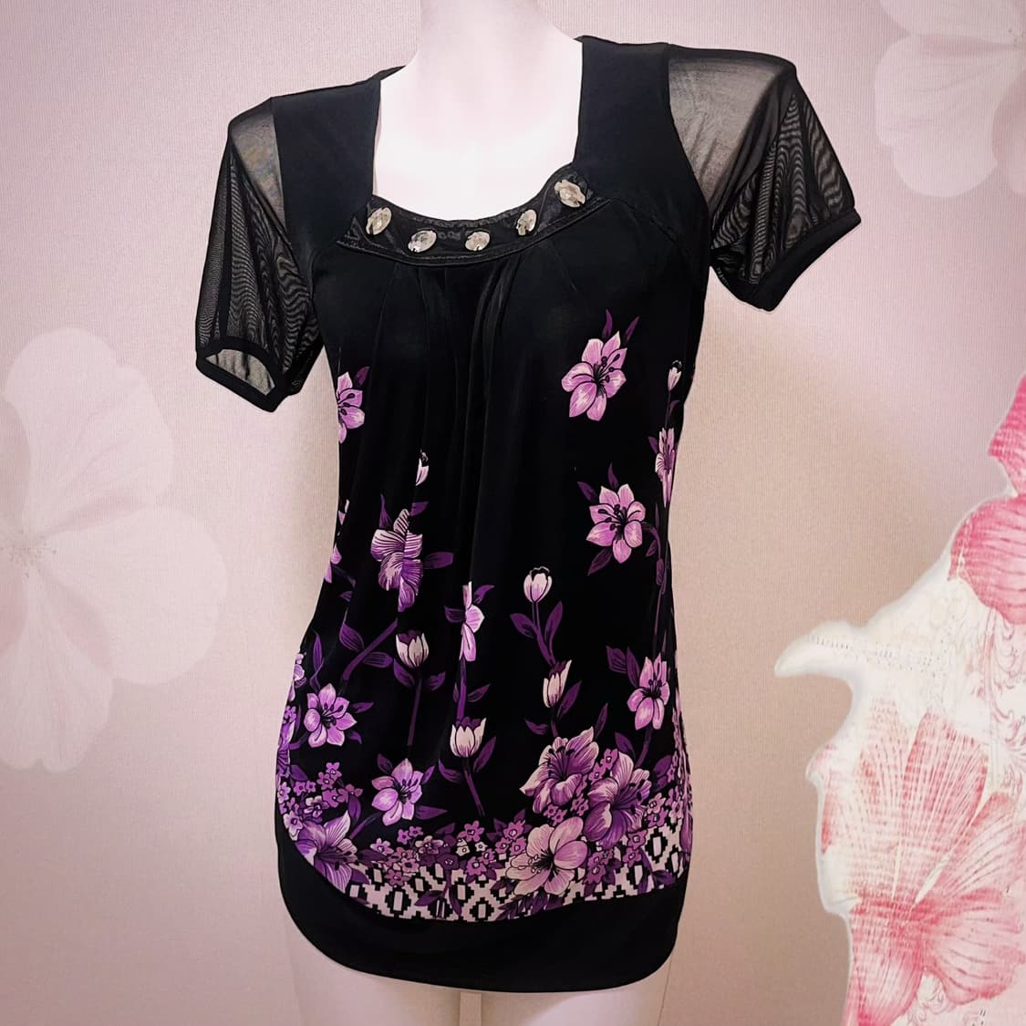 오리엔탈 오네갸루 플라워 패턴 반팔탑 상품이미지2