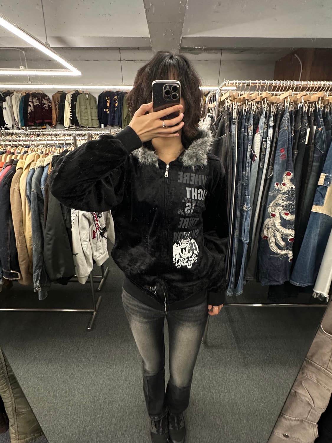 OS)Japanese vintage Y2K 펑크 벨벳 퍼 후드집업 상품이미지1