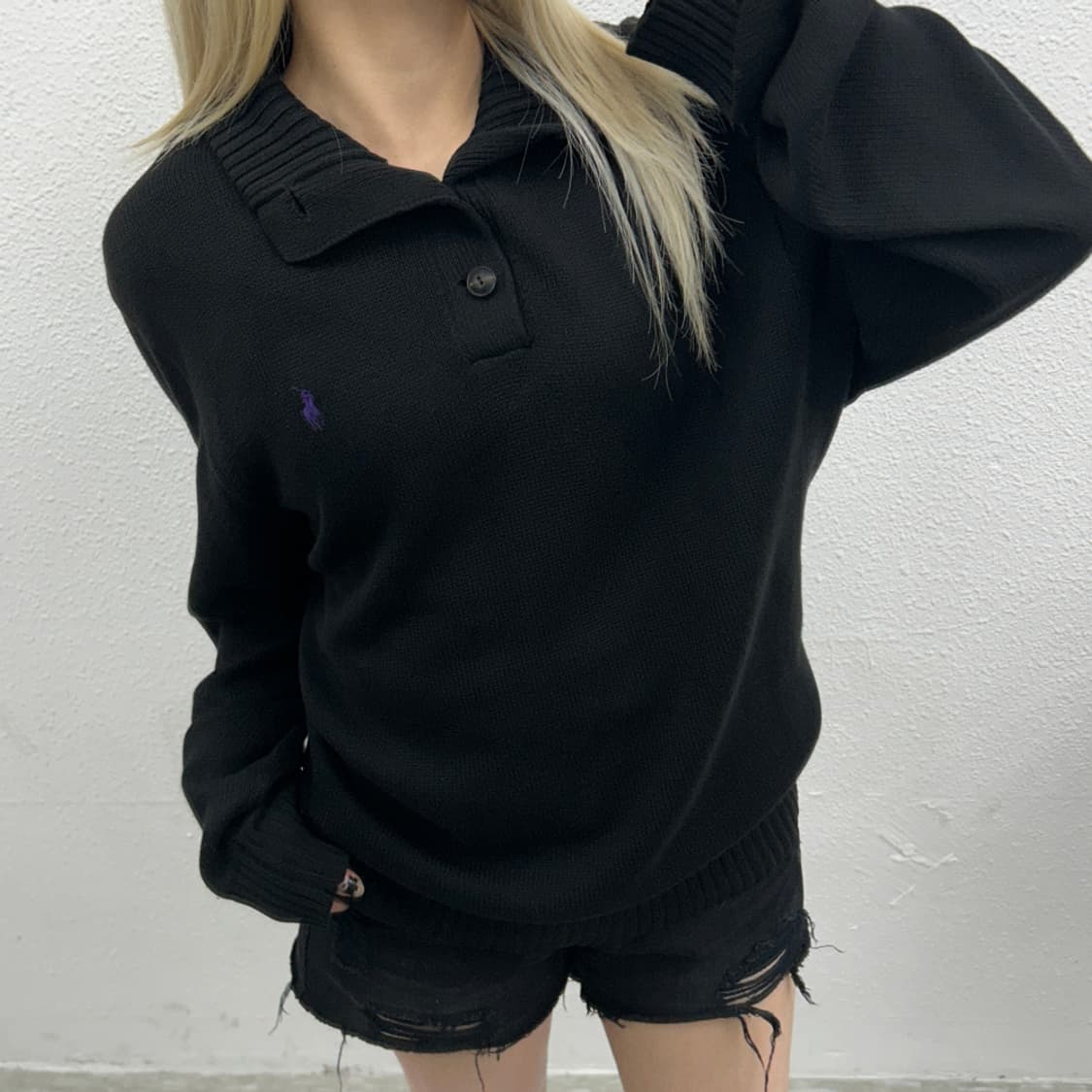 폴로 랄프로렌 퍼플포니 블랙 버튼 니트 L 상품이미지1