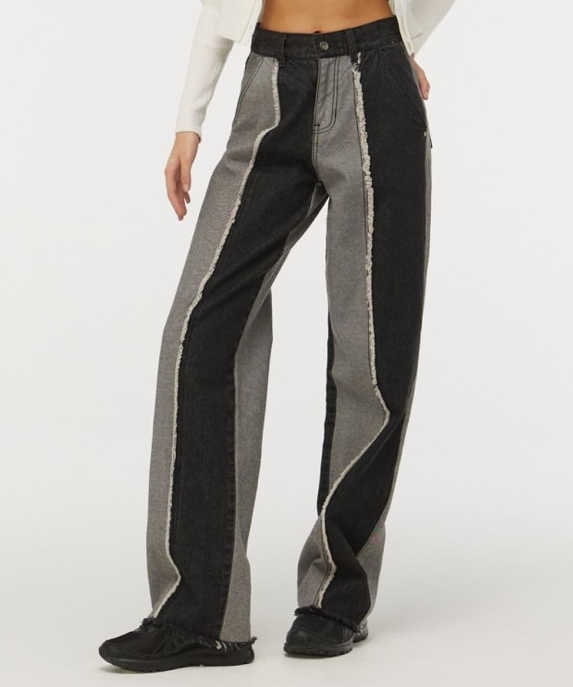 S) 새상품 시티브리즈 컷팅 배색 와이드 데님팬츠 블랙 상품이미지7